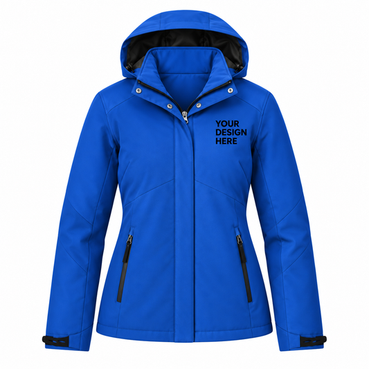 A bright blue hooded jacket with a front zipper, zippered hand pockets, and black trim, featuring the text 'YOUR DESIGN HERE' printed on the left chest. The jacket is displayed on a clean white background.

