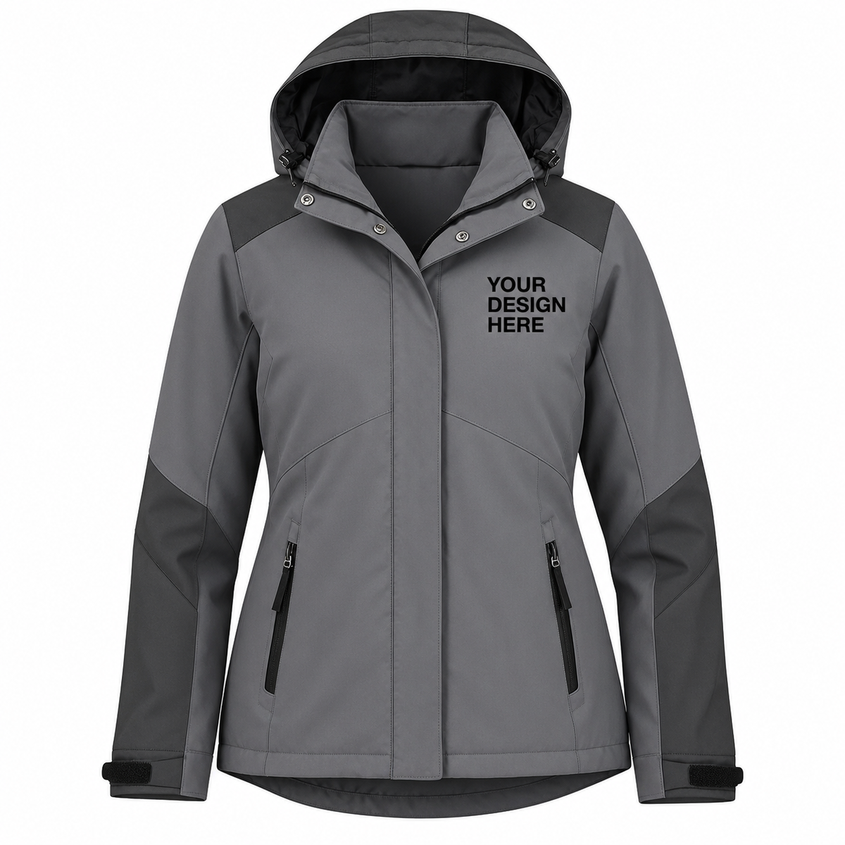 A gray hooded jacket with dark gray shoulder and sleeve panels, featuring a mockup-style black text print on the left chest that reads 'YOUR DESIGN HERE'. The jacket is displayed on a clean white background.

