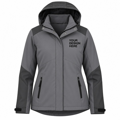 A gray hooded jacket with dark gray shoulder and sleeve panels, featuring a mockup-style black text print on the left chest that reads 'YOUR DESIGN HERE'. The jacket is displayed on a clean white background.

