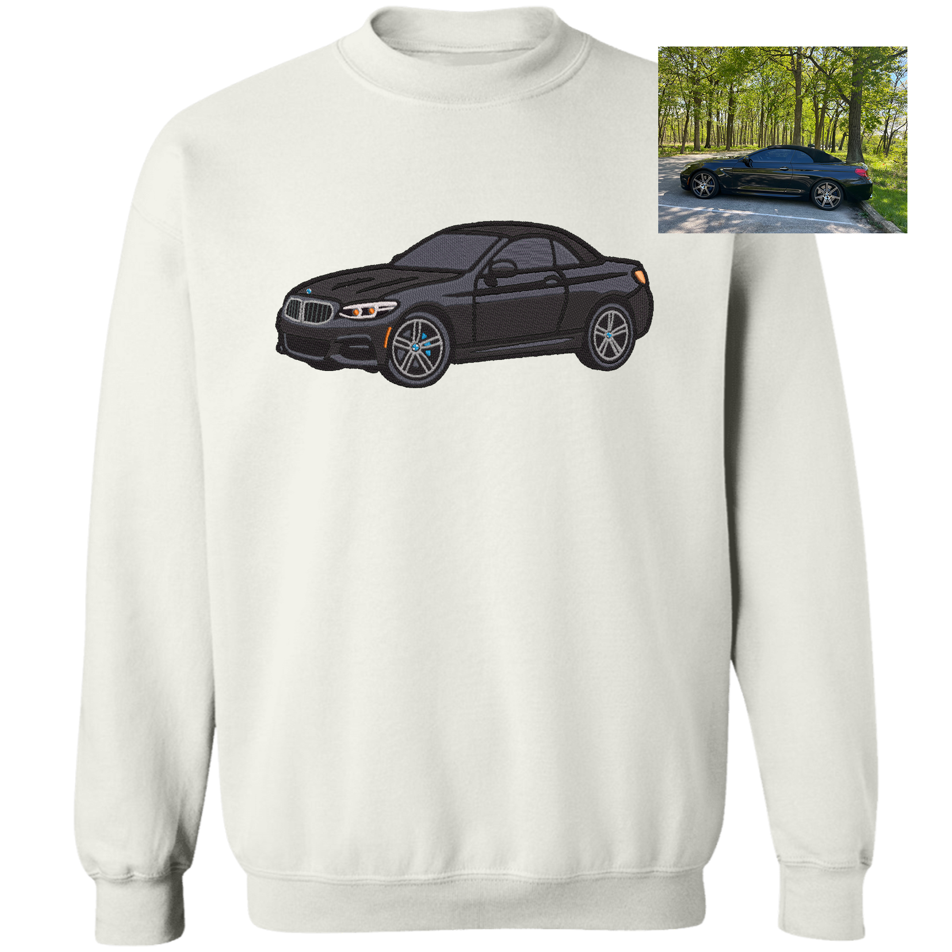 Personalized crewneck featuring detailed embroidery of a luxury car, stitched for a bold, eye-catching finish. BMW