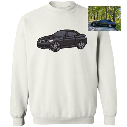 Personalized crewneck featuring detailed embroidery of a luxury car, stitched for a bold, eye-catching finish. BMW
