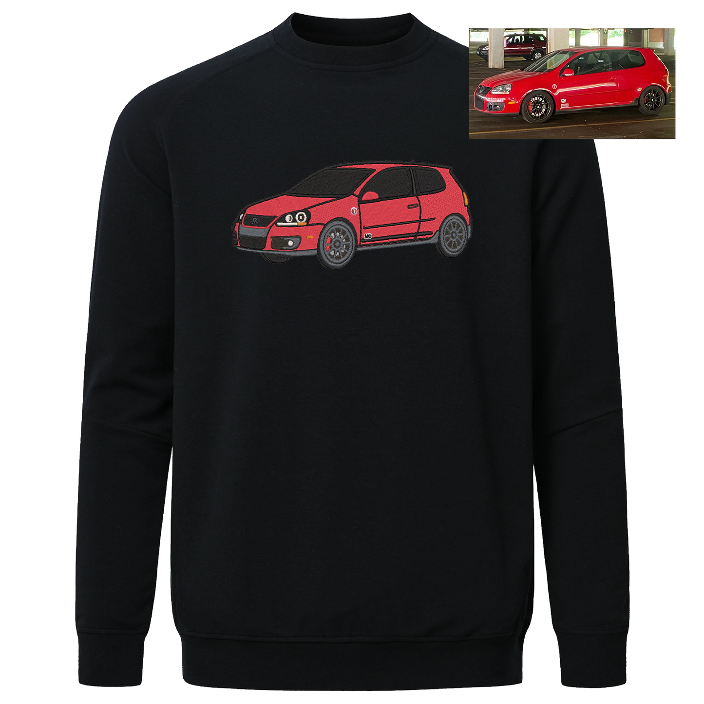 Hoodie with detailed embroidery of a race car design, showcasing premium stitching and lasting quality. Volkswagen GTI