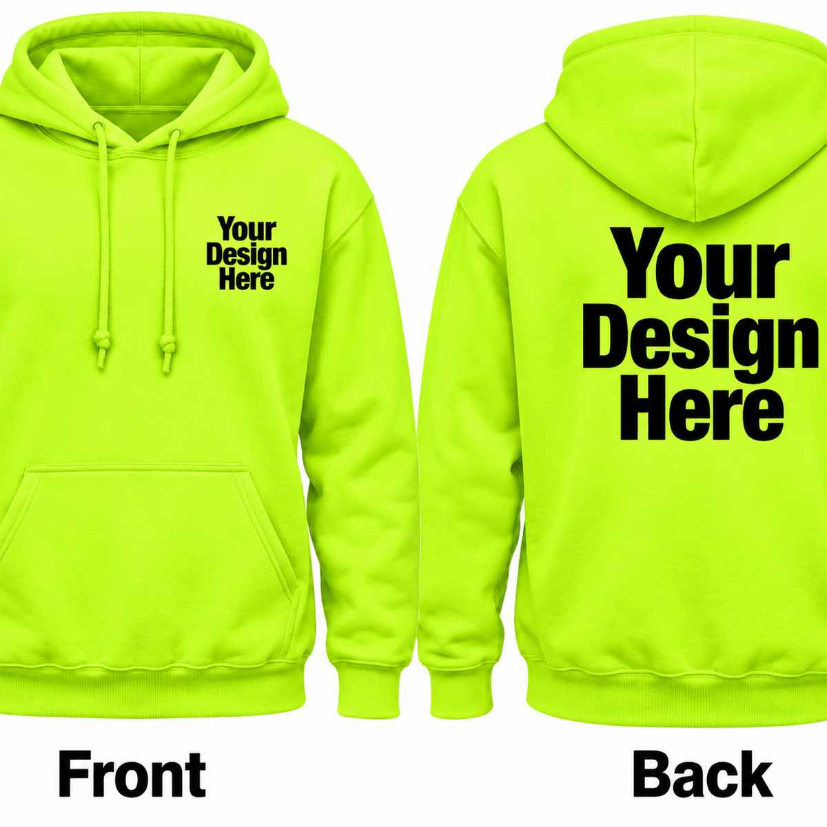 Custom safety green hoodie front and back DTF logo printing mockup