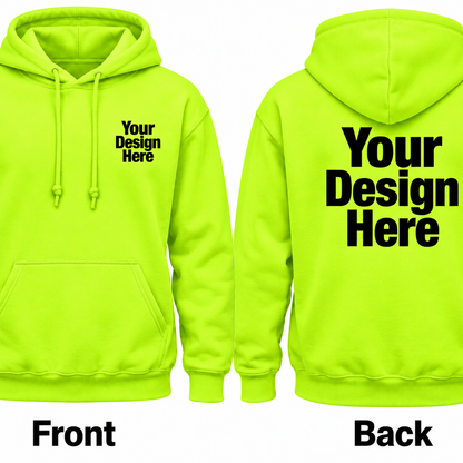 Custom safety green hoodie front and back DTF logo printing mockup