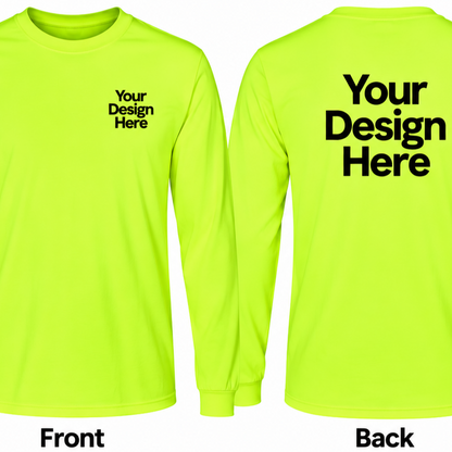 Custom safety green long sleeve T-shirt with front and back DTF logo placement