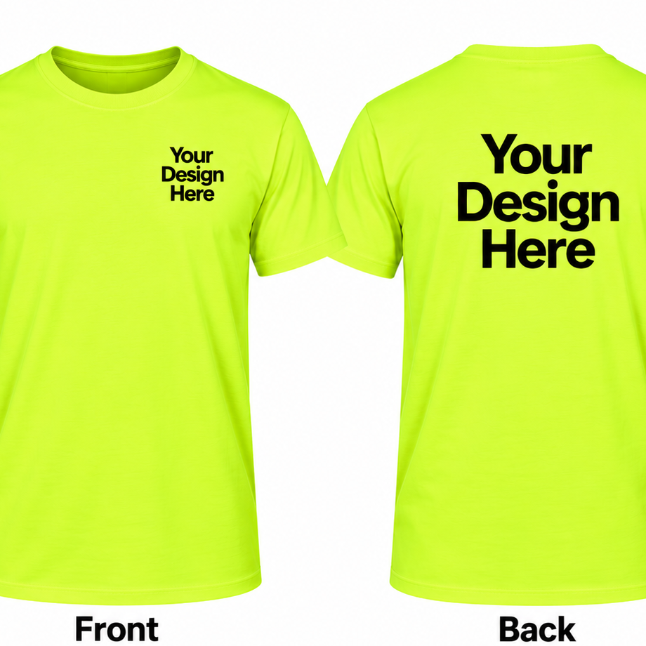 Custom safety green T-shirt with front and back DTF logo printing placement