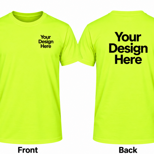 Custom safety green T-shirt with front and back DTF logo printing placement