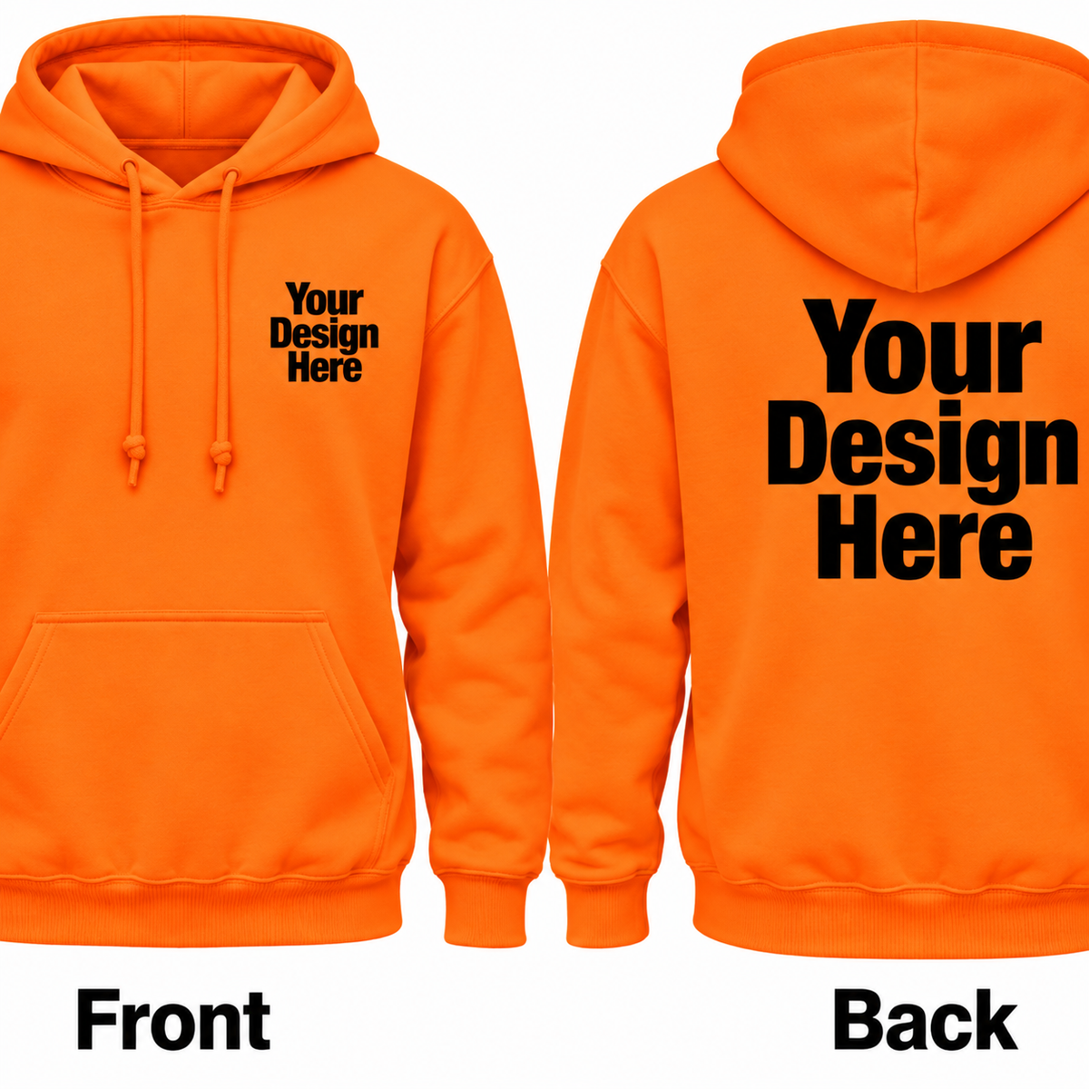 Custom safety orange hoodie front and back DTF logo printing mockup