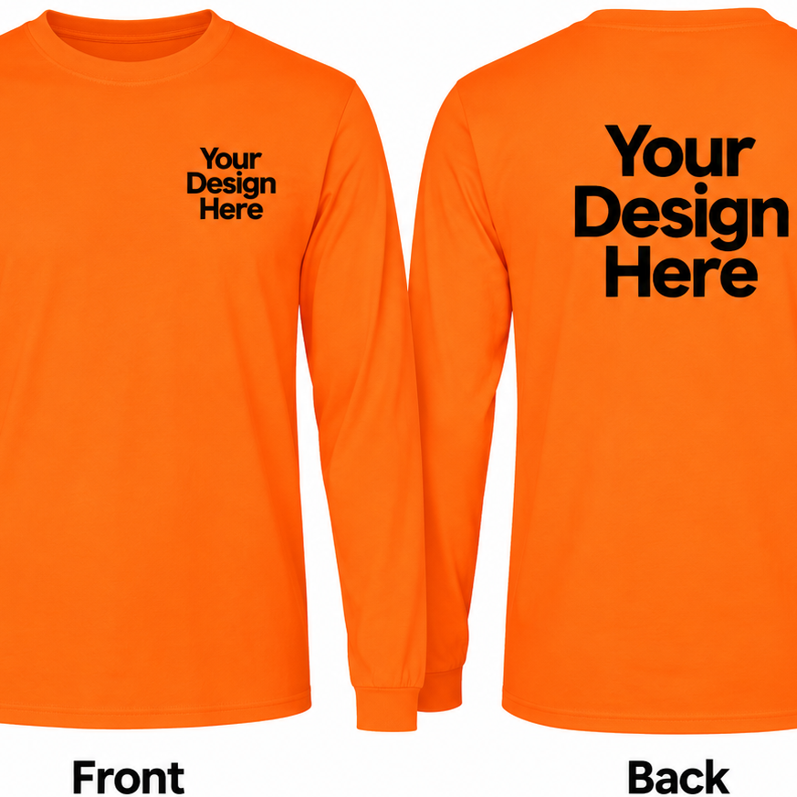 Custom safety orange long sleeve T-shirt with front and back DTF logo placement