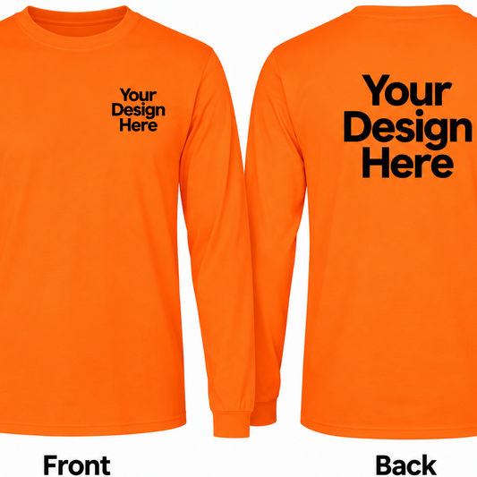 Custom safety orange long sleeve T-shirt with front and back DTF logo placement