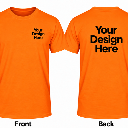 Custom safety orange T-shirt with front and back DTF logo printing placement