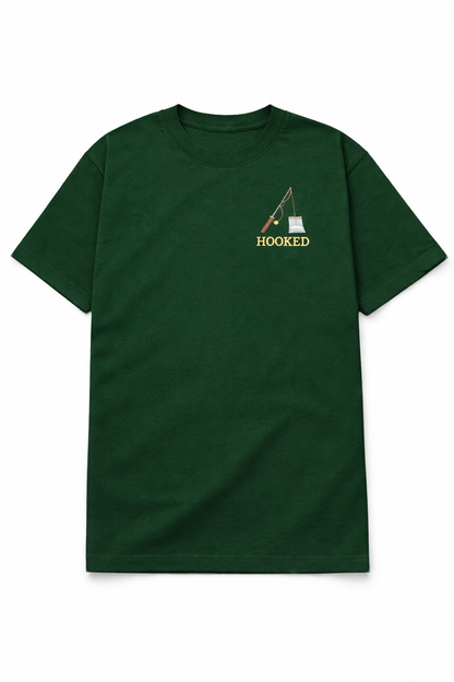 Dark green t shirt with a small chest DTF printed fishing rod design and the word Hooked