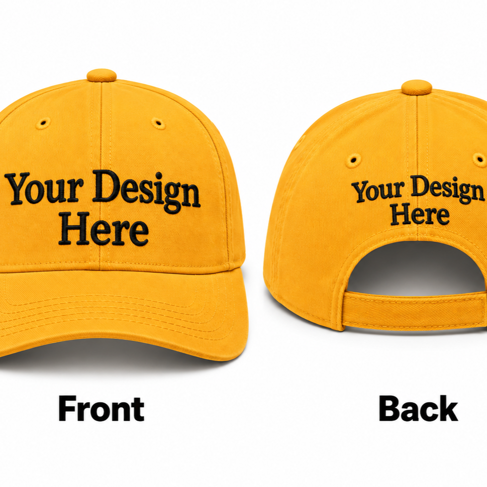 gold 67642c92 bfe9 4e8a 82bf 3e7326968610 custom embroidered baseball hat shown from the front and back
