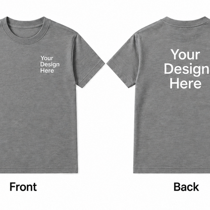 Grey custom heavy cotton T-shirt showing front and back logo design placement