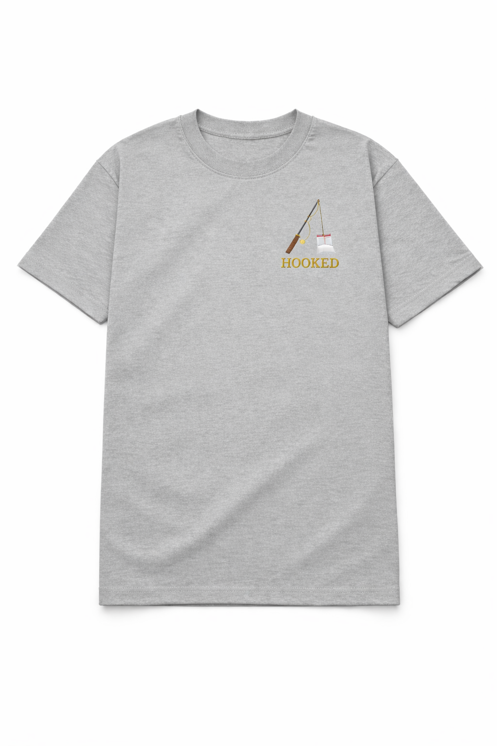 Grey t shirt with a small chest DTF printed fishing rod design and the word Hooked in a minimalist style