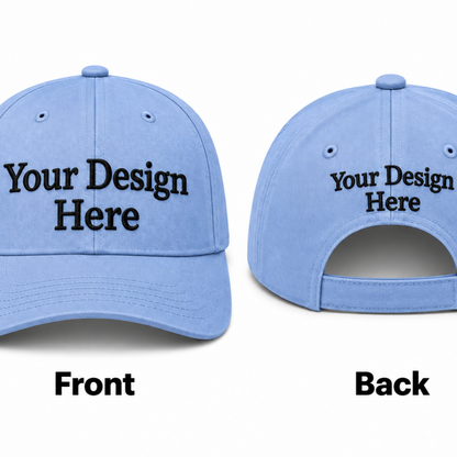 lightblue be5b5d56 0ae2 4834 a8b0 1264bf1e1106 custom embroidered baseball hat shown from the front and back