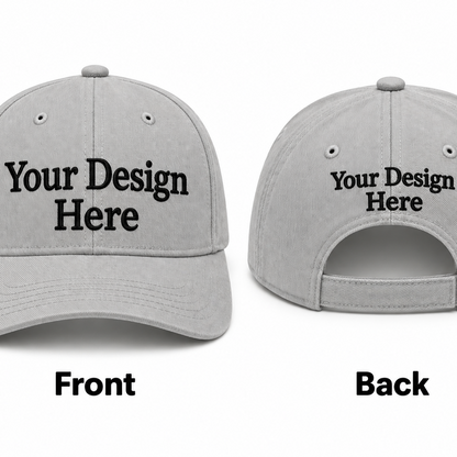 lightgrey 19f76733 d40d 4287 bef2 49f34ed36b12 custom embroidered baseball hat shown from the front and back