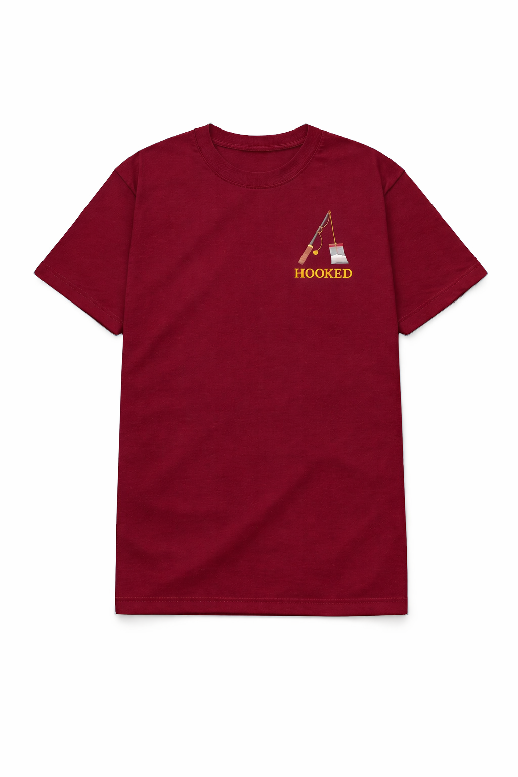Maroon t shirt with a small chest DTF printed fishing rod design and Hooked text