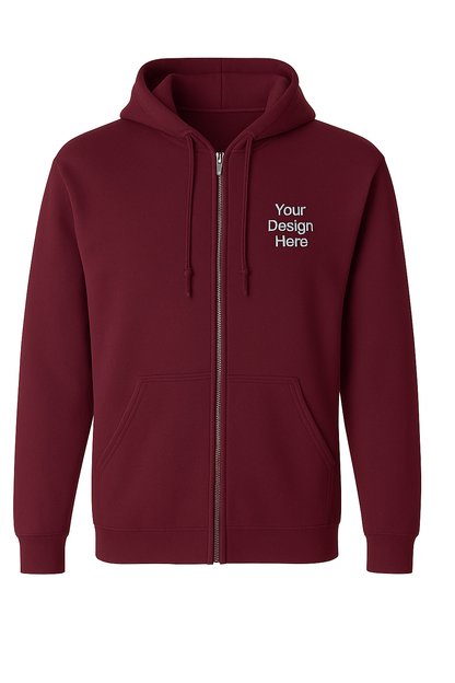 Maroon hoodie with 'Your Design Here' text on a white background
Unisex full-zip hoodie with metal zipper, split pouch pocket, and embroidered logo on chest.
Unisex Gildan 18600 Heavy Blend full-zip hoodie customized with embroidery or DTF printing, perfect for team uniforms and business apparel.