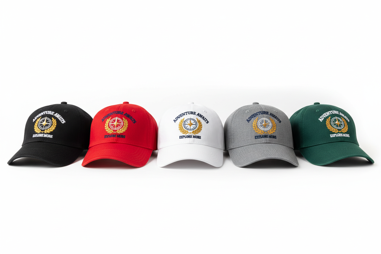 Matching embroidered hats with the same logos but different colored hats 
