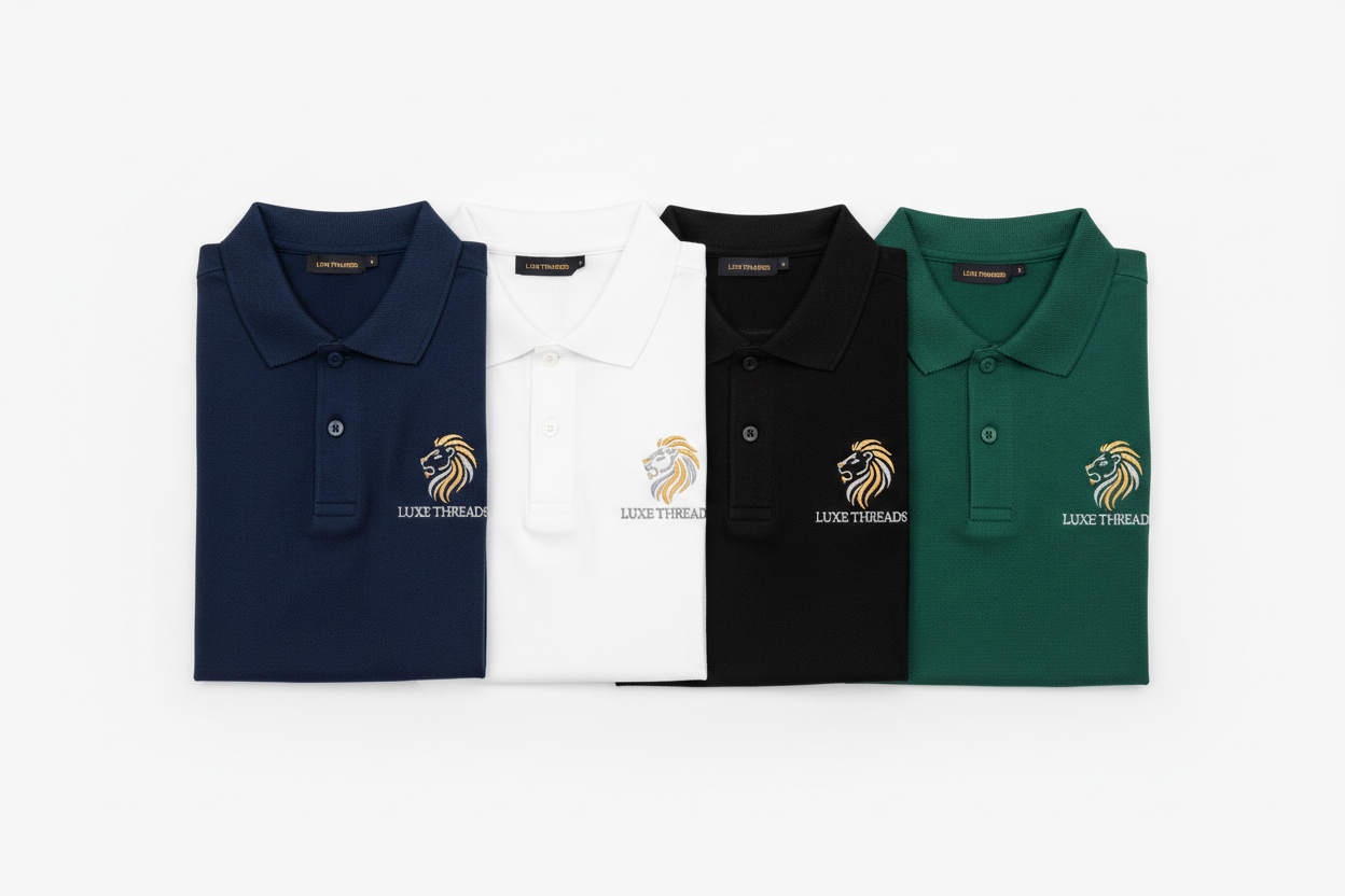 matching embroidered polos with the same logo but different colors 
