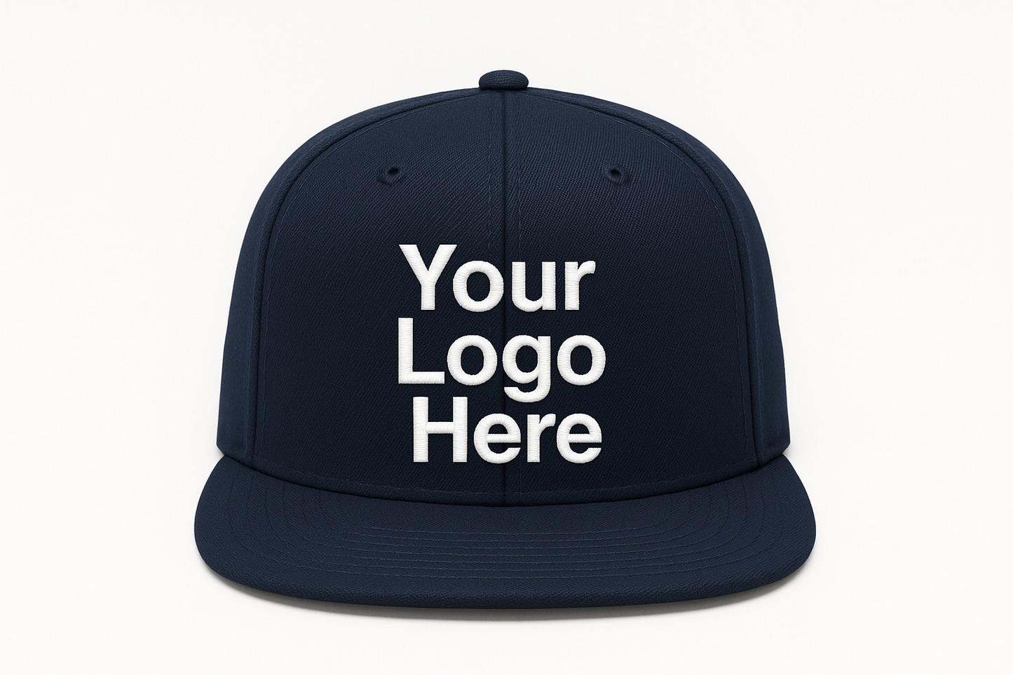 navy blue snapback flat brim cap, facing forward, with the text: "Your Logo Here" on the cap embroidered