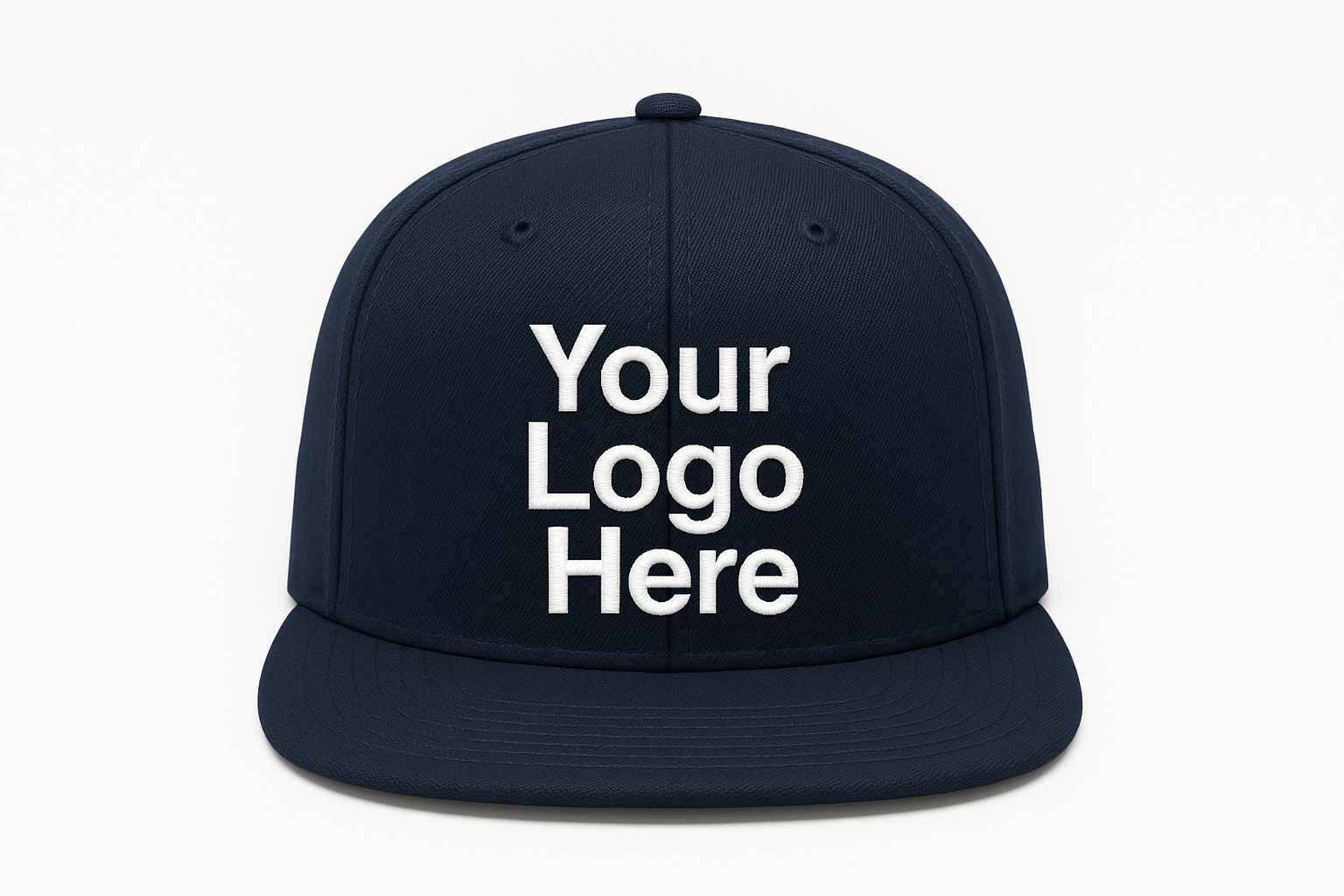 navy blue snapback flat brim cap, facing forward, with the text: "Your Logo Here" on the cap embroidered