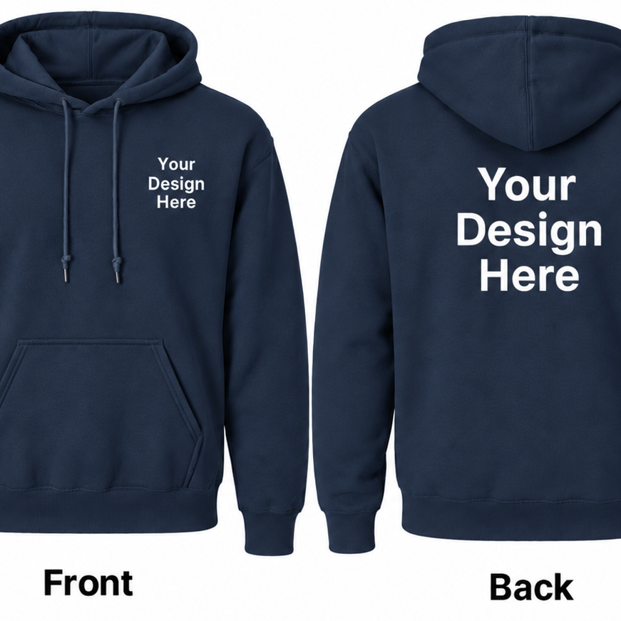 Navy custom Gildan 18500 hoodie with front and back DTF printing