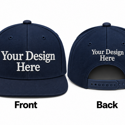 Navy custom embroidered snapback hat shown from the front and back