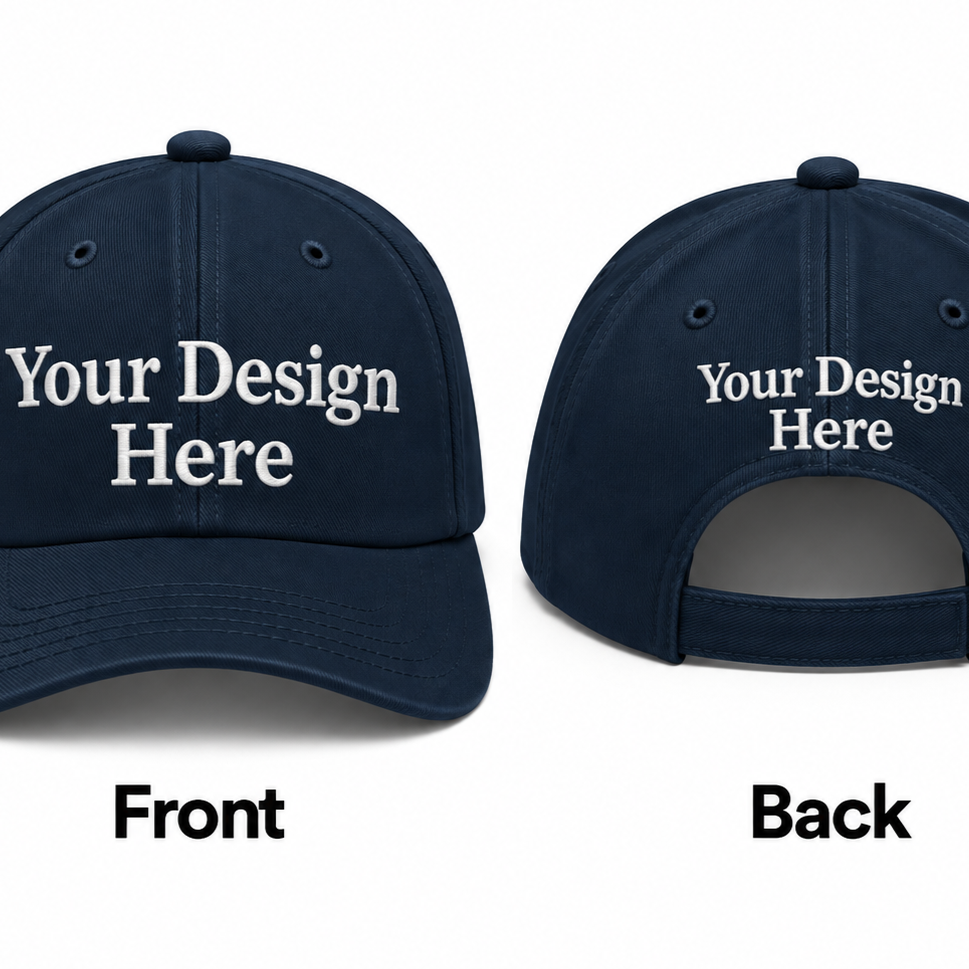 navy ad56e684 9bf0 4bbd b04c 4fcf823fe805 custom embroidered baseball hat shown from the front and back
