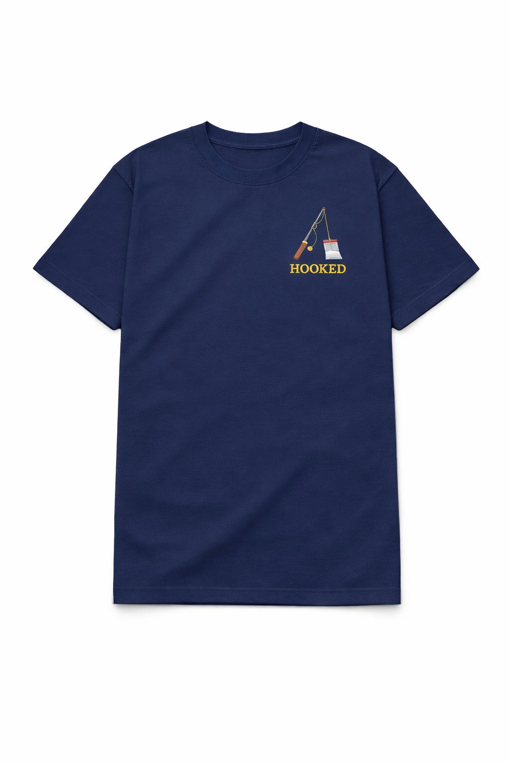 Navy blue t shirt featuring a small chest DTF print of a fishing rod with the word Hooked
