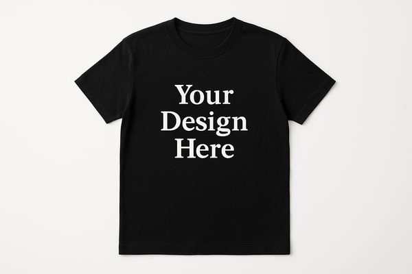 On a plain black t-shirt, add text : Your Design Here
Unisex T-shirt, crewneck, and hoodie featuring a large centered full-color DTF printed design. Available in multiple sizes and colors from Sharp Stitch in Niles, IL.