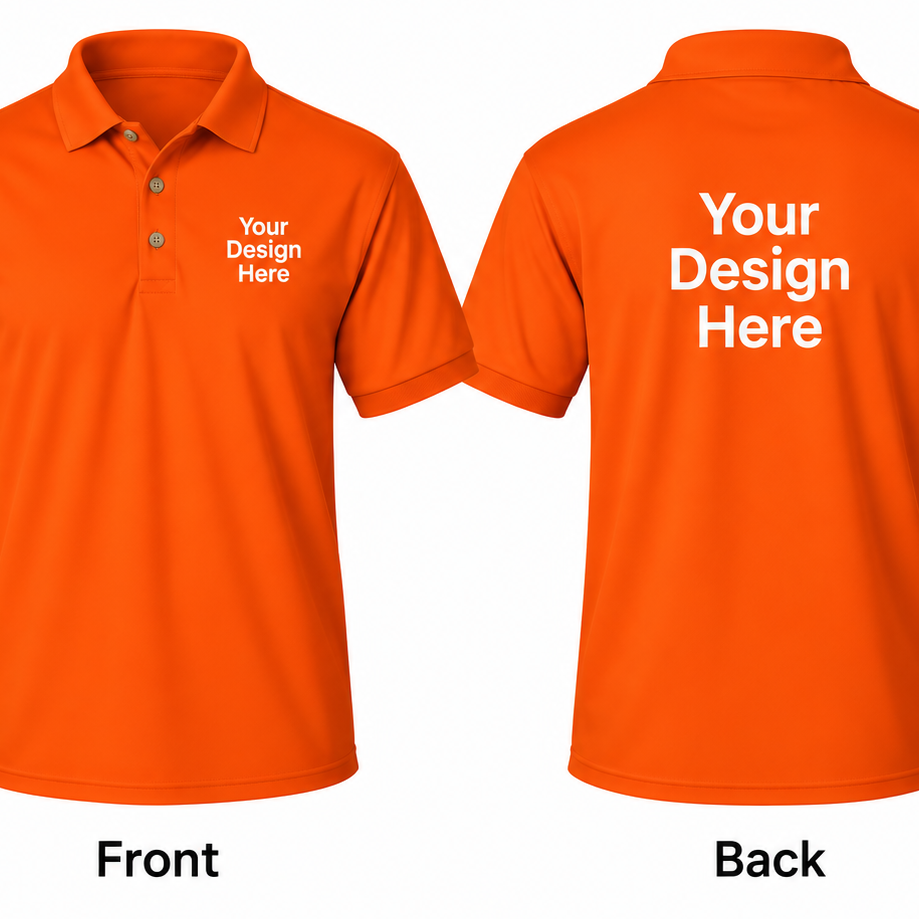 Orange custom men’s polo showing front and back design placement