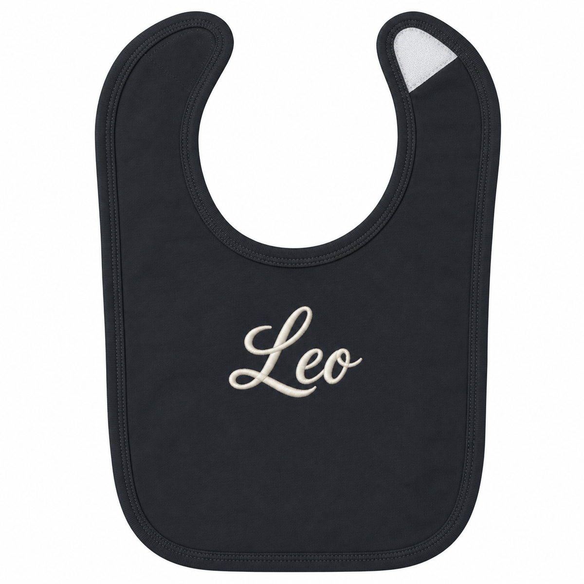 A black baby bib with the name 'Leo' embroidered in white cursive script in the center, shown on a plain white background.

