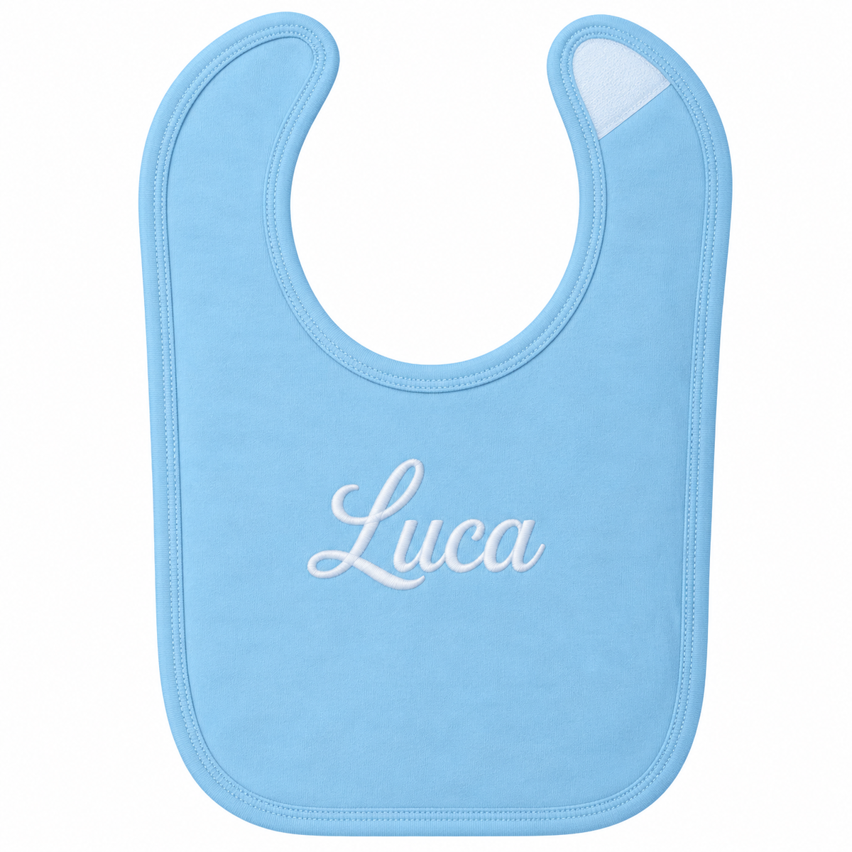 A light blue baby bib with the name 'Luca' embroidered in white script across the center, shown on a plain white background.


