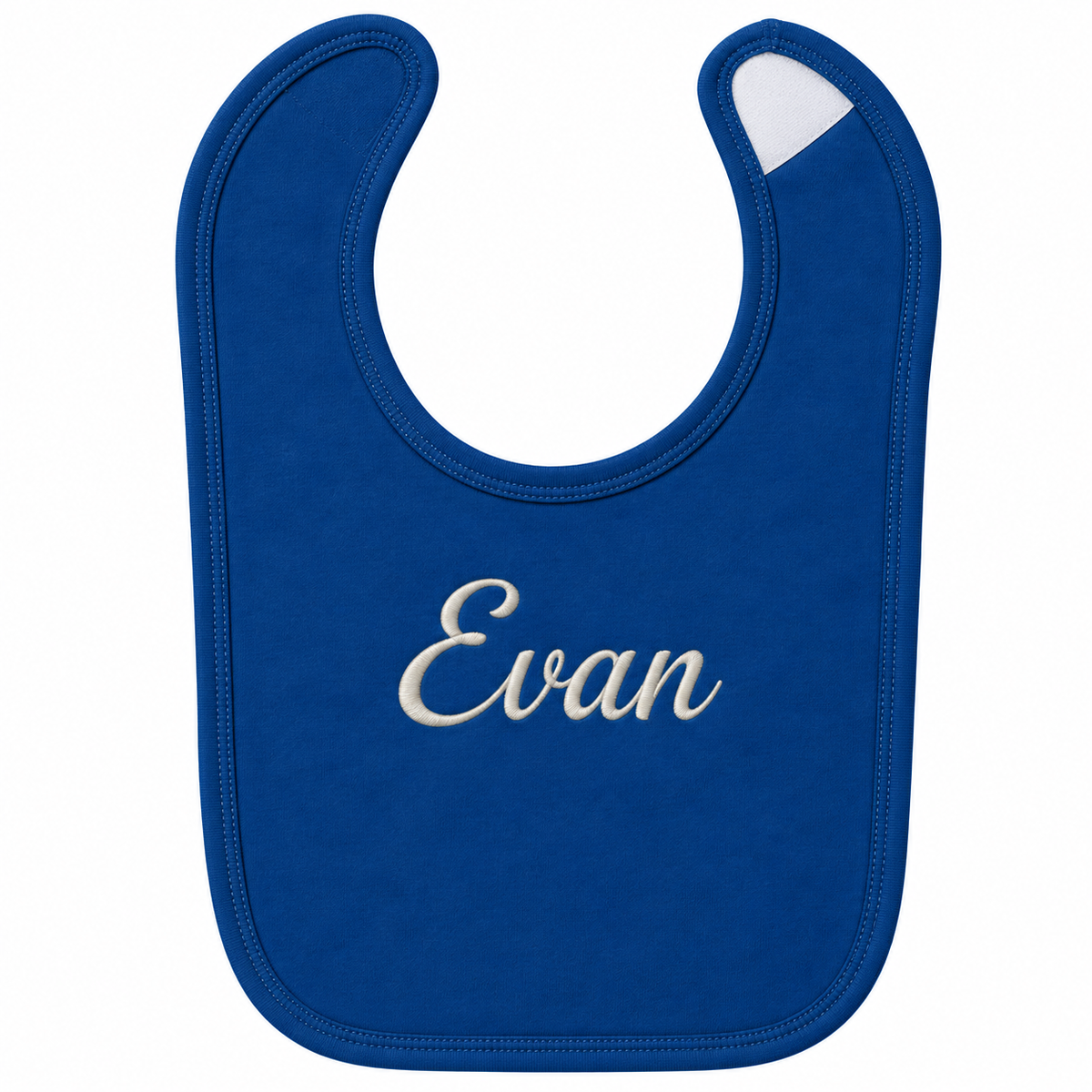 A royal blue baby bib with the name 'Evan' embroidered in white script across the center, shown on a plain white background.

