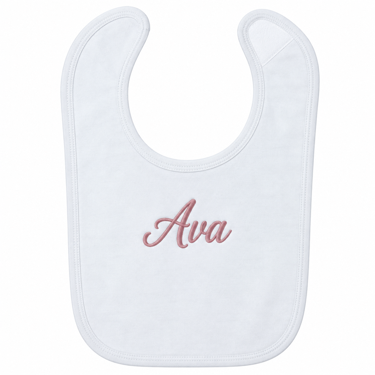 A white baby bib with the name 'Ava' embroidered in pink cursive script in the center, shown on a plain white background.

