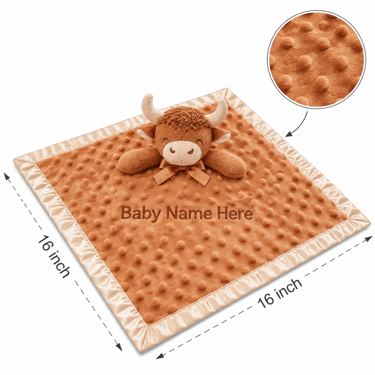 Personalized cow baby lovey blanket with embroidered name