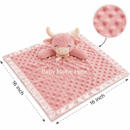 Personalized cow baby lovey blanket with embroidered name