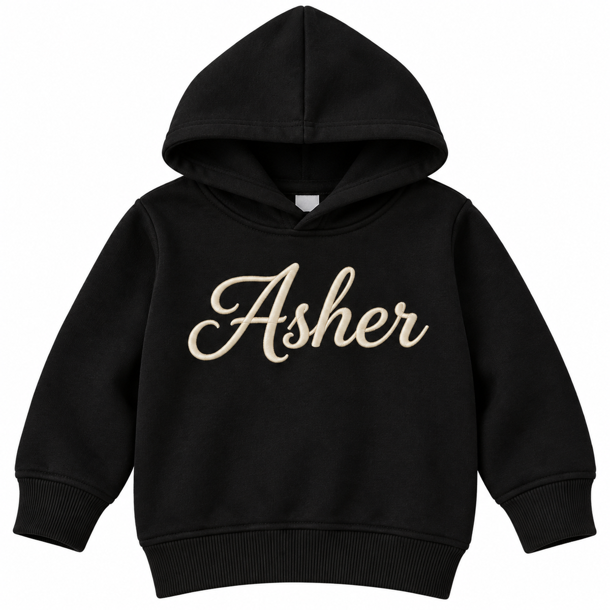 A black kids' pullover hoodie with the name 'Asher' printed across the chest in a beige cursive script, shown against a plain white background.


