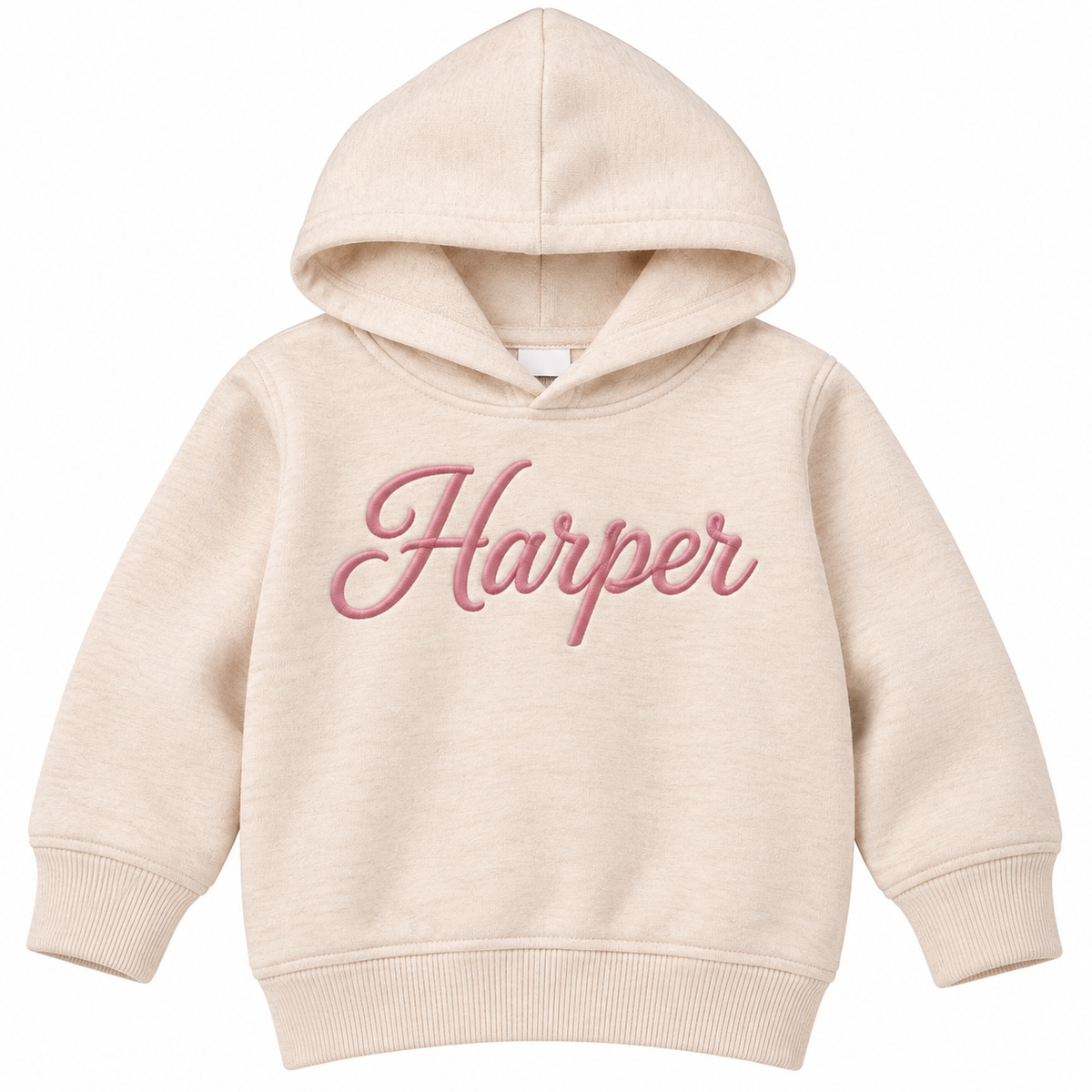 A cream-colored hooded sweatshirt with the name 'Harper' embroidered in pink cursive across the chest, displayed on a clean white background.

