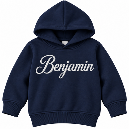 A navy blue kids' pullover hoodie with the name 'Benjamin' printed across the chest in white cursive script, shown on a plain white background.

