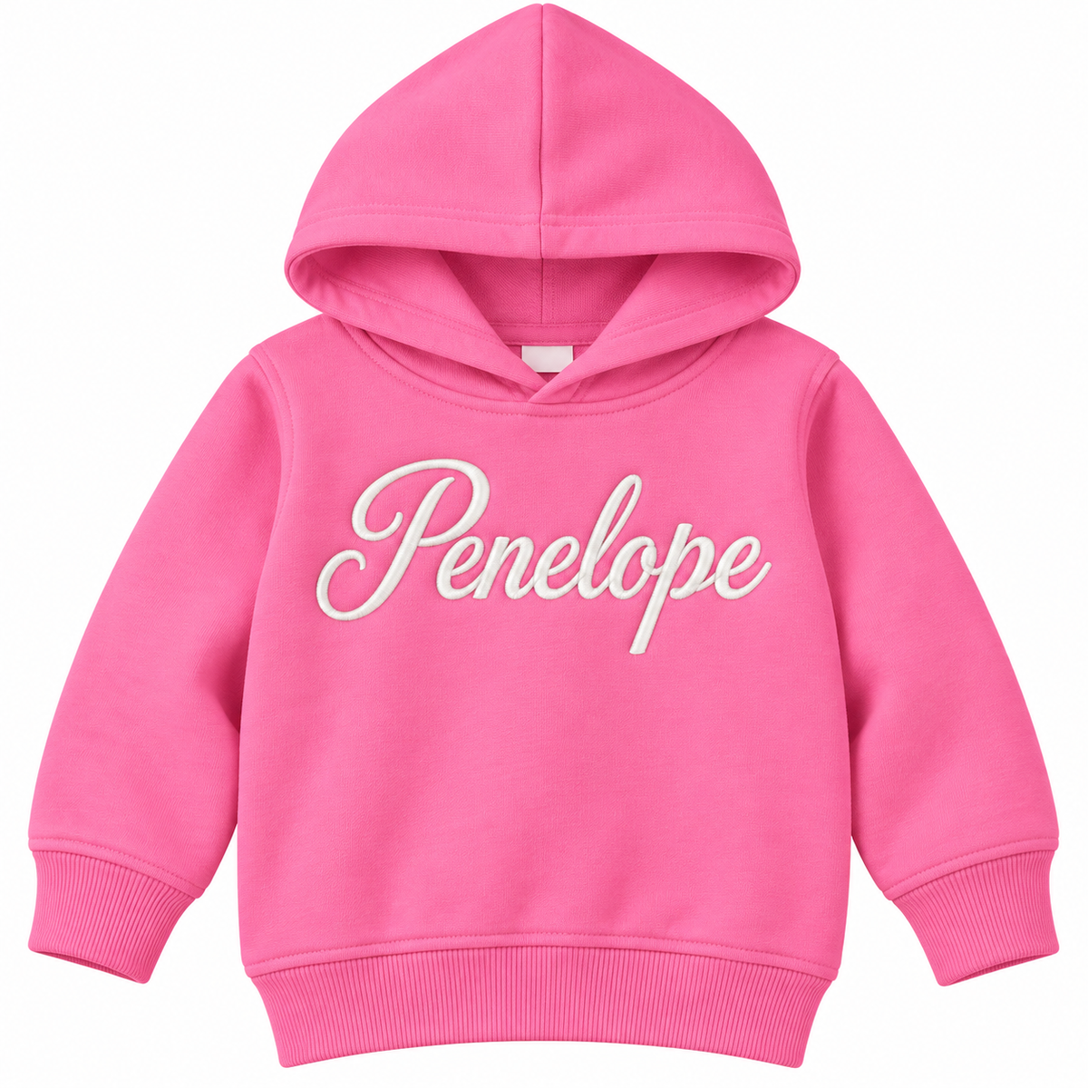 A bright pink children's pullover hoodie with the name 'Penelope' printed across the chest in white cursive script, shown against a plain white background.

