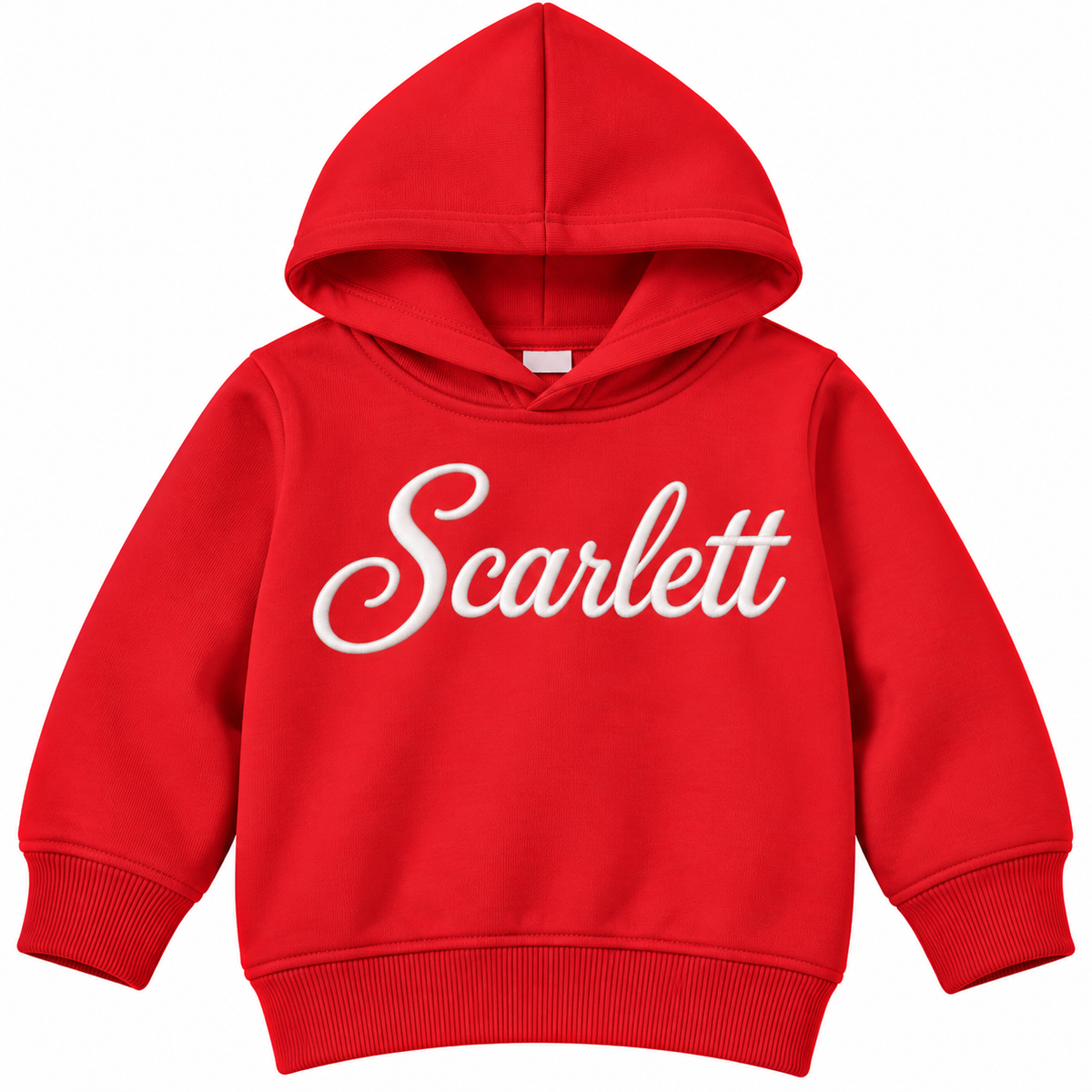 A bright red children's pullover hoodie with the name 'Scarlett' printed across the chest in white cursive script, shown against a plain white background.

