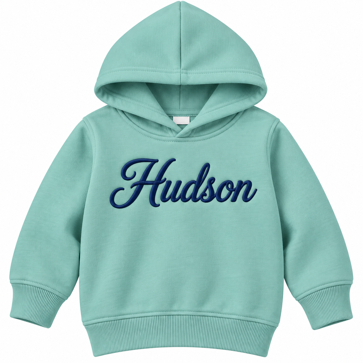 A mint green toddler hoodie with 'Hudson' embroidered in navy blue cursive across the chest, shown on a plain white background.


