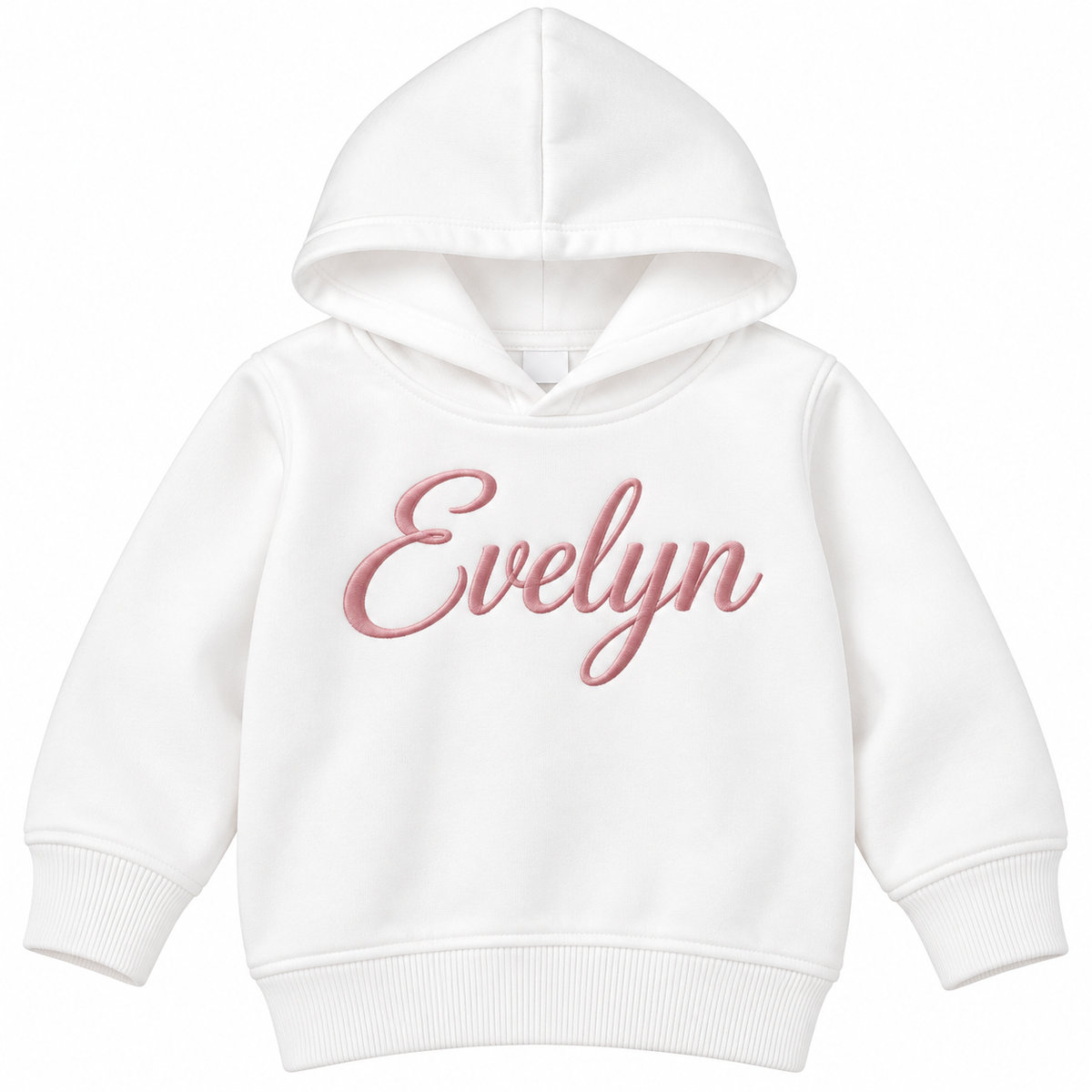 A white hooded sweatshirt with the name 'Evelyn' embroidered in pink cursive script across the chest, shown on a plain white background.

