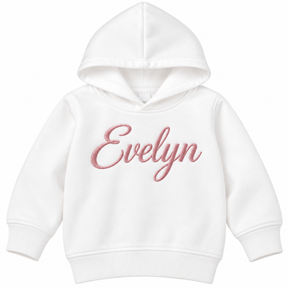 A white hooded sweatshirt with the name 'Evelyn' embroidered in pink cursive script across the chest, shown on a plain white background.

