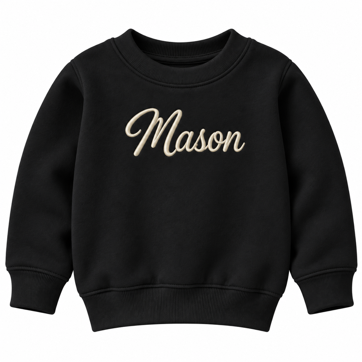 A black crewneck sweatshirt with the name 'Mason' embroidered in a beige cursive font across the chest, shown against a plain white background.

