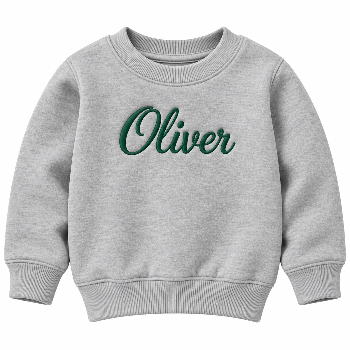 A light heather gray crewneck sweatshirt with the name 'Oliver' embroidered in dark green cursive script across the chest, shown on a plain white background.

