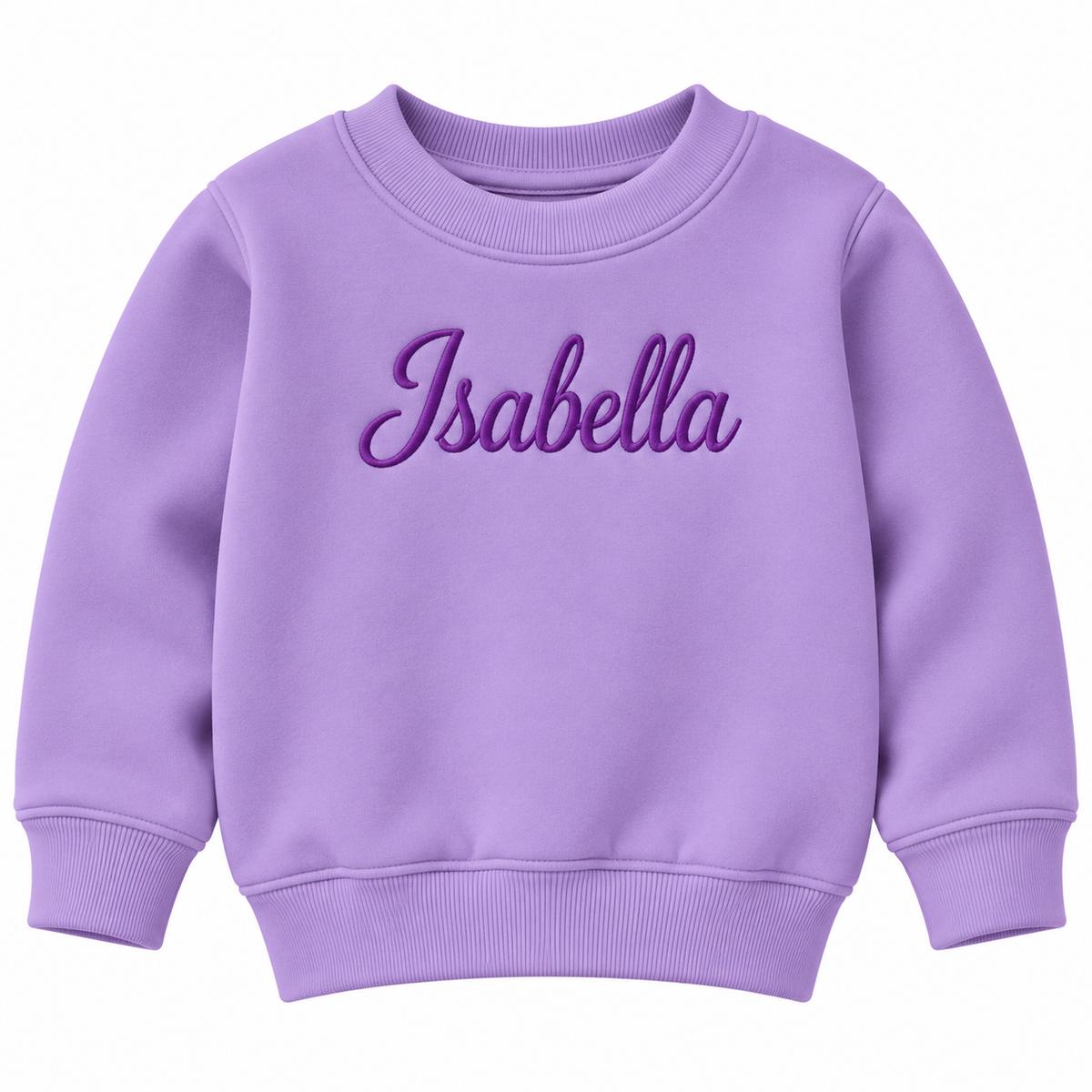A lavender purple crewneck sweatshirt with the name 'Isabella' embroidered in a darker purple cursive font across the chest, displayed on a solid white background.

